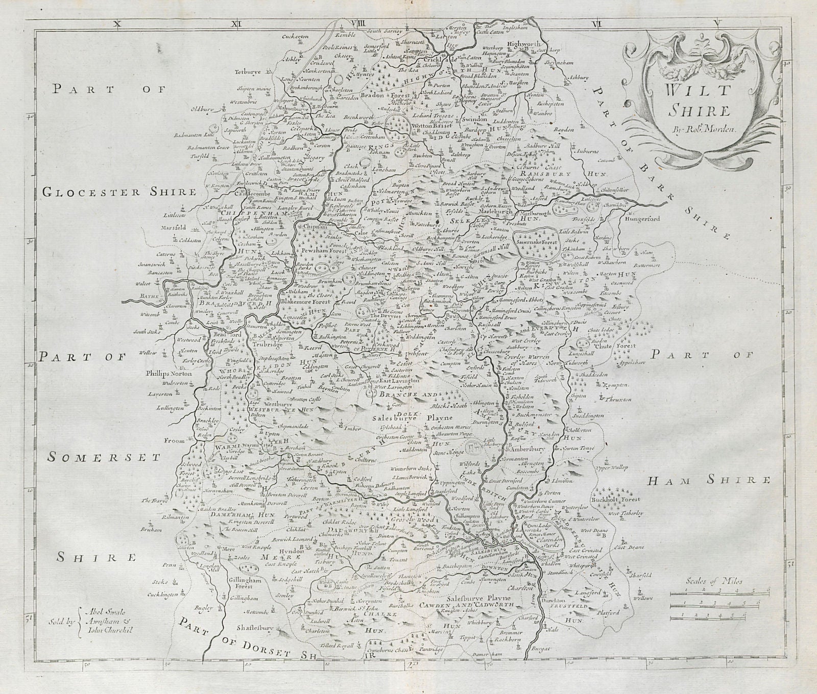Wiltshire. 'WILT SHIRE' by ROBERT MORDEN from Camden's Britannia 1722 old map